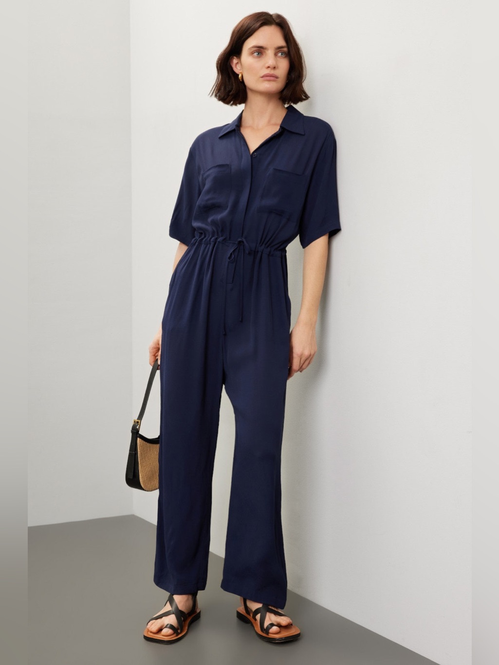 Thakoon Navy Short-Sleeve Drawstring Jumpsuit